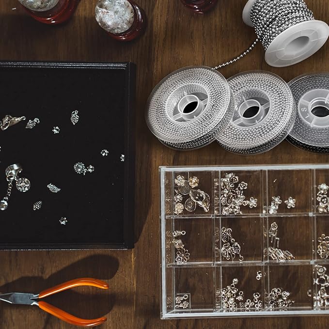 Jishi 33ft Stainless Steel Ball Chain 2mm Bead Dog Tag Chain Beaded Necklace Chains for Jewelry Making Bracelet Military Crafts, Silver Metal Pull Chain Small Ball Bead Chain Roll w/20 Connectors