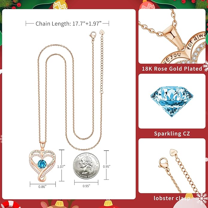 Infinity Love Heart Birthstone Necklace for Women Wife, S925 Sterling Silver Anniversary for Women Wife Birthday Gift for Her Girlfriend Mom Daughters, I Love You Women's Jewelry 18k Rose Gold Filled