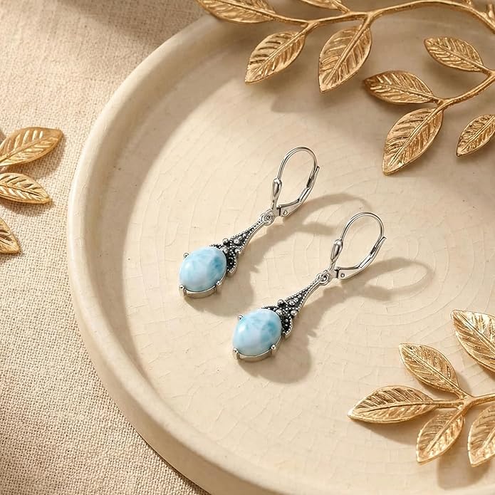 AOBOCO Vintage Earrings for Women Sterling Silver Retro Drop Dangle Leverback Earrings with 8x6mm Oval Genuine or Simulated Birthstone Crystal from Austria, Anniversary Jewelry Gifts for Her (Gift Box)