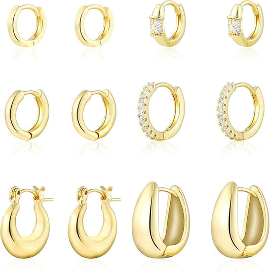 6 Pairs Small Gold Huggie Hoop Earrings for Women, 14K Gold Plated Cartilage Piercings Hoop Earrings Hypoallergenic, Trendy Lightweight Chunky Hoops Set for Women Gifts.