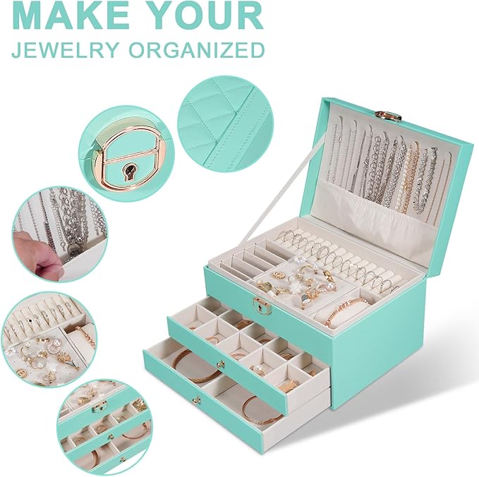GUOER Jewelry Box for Women Girl Wife 3 Layers Large PU Leather Jewelry Organizer Storage Case with Two drawers Display for Earrings Bracelets Rings Watches (Teal)