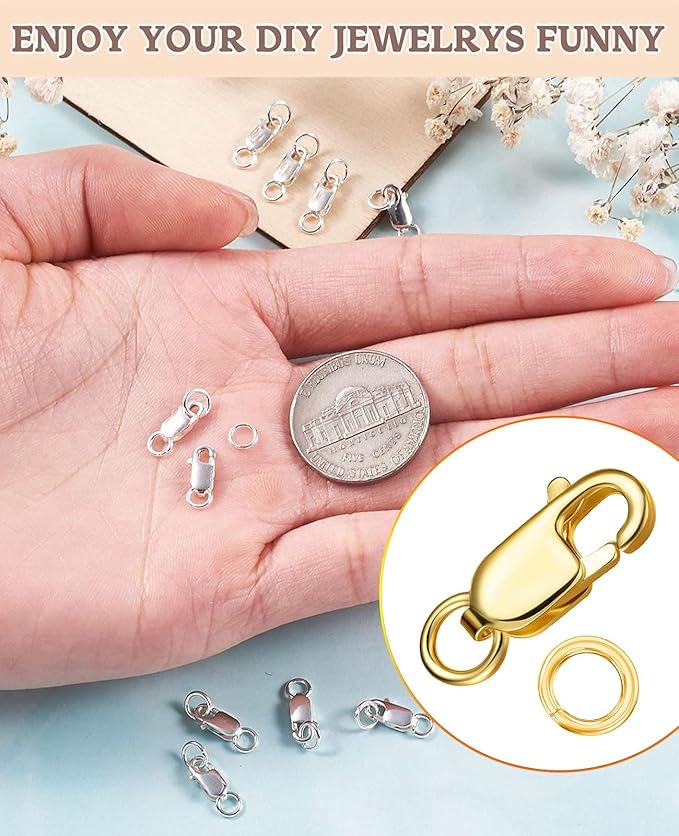 Kcctoo Silver Lobster Claw Clasp with Closed Jump Rings 14K Gold Necklace Clasps and Closures for Jewelry Making, Made in Italy 12mm(0.47inch) (Gold and Silver 12pcs)