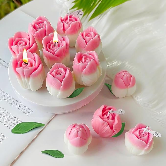 ZQYSING 4 PCS Tulip Candle Molds with Leaf Mold, 3D Flower Silicone Molds for Candles Wax Soap Clay Plaster Epoxy Resin Home Decorations