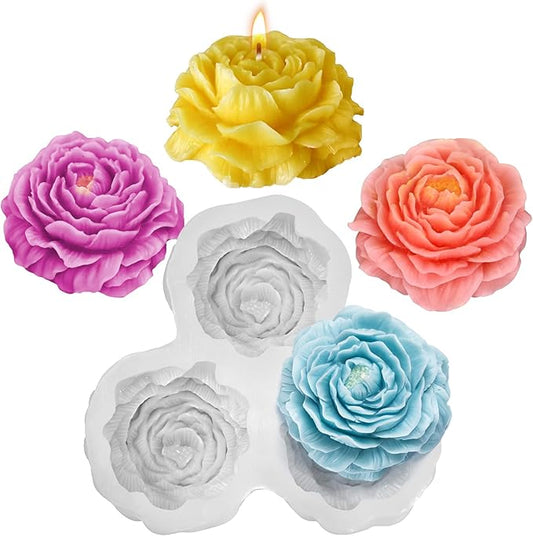 ZQYSING Peony Candle Mold for Candle Making, 3 Cavity Flower Silicone Molds for Epoxy Resin Wax Soap Clay Plaster Tealight Candles Crafts Casting Home Décor Handmade Gifts