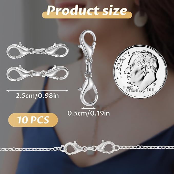 10 Pcs Double Lobster Clasp Extender Silver Necklace Chain Extenders Double Claw Connector Bracelet Necklace Extender for DIY Jewelry Making