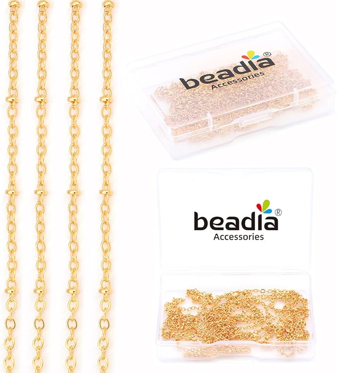 BEADIA 18K Gold Plated O Chains 2.0mm with 3mm Beads 2 Meters for Jewelry Making Findings