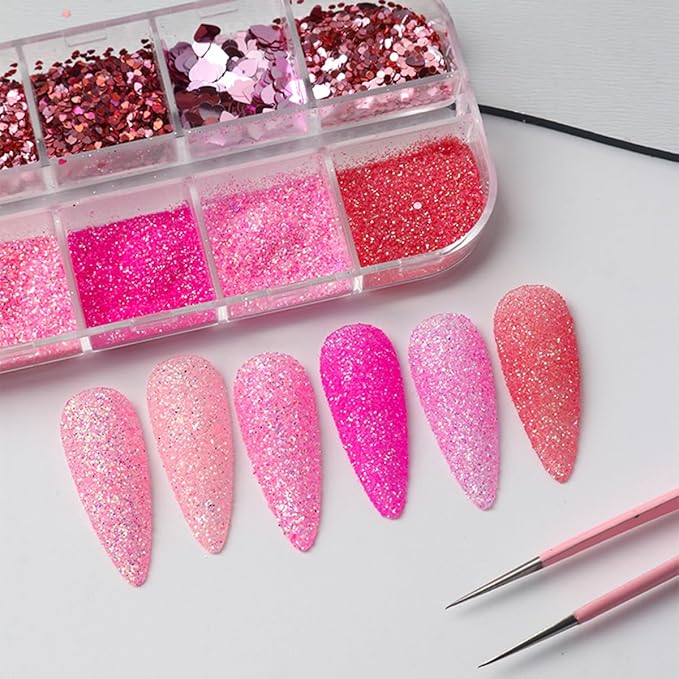 Valentines Holographic Nail Glitter Foils, 12Grid Pink Sparkly Ultra-Thin Foil Nail Art Flakes Design, Laser Nail Sequins Acrylic Supplies for Women Girls Manicure Charms Decor, DIY 3D Nail Art Tips