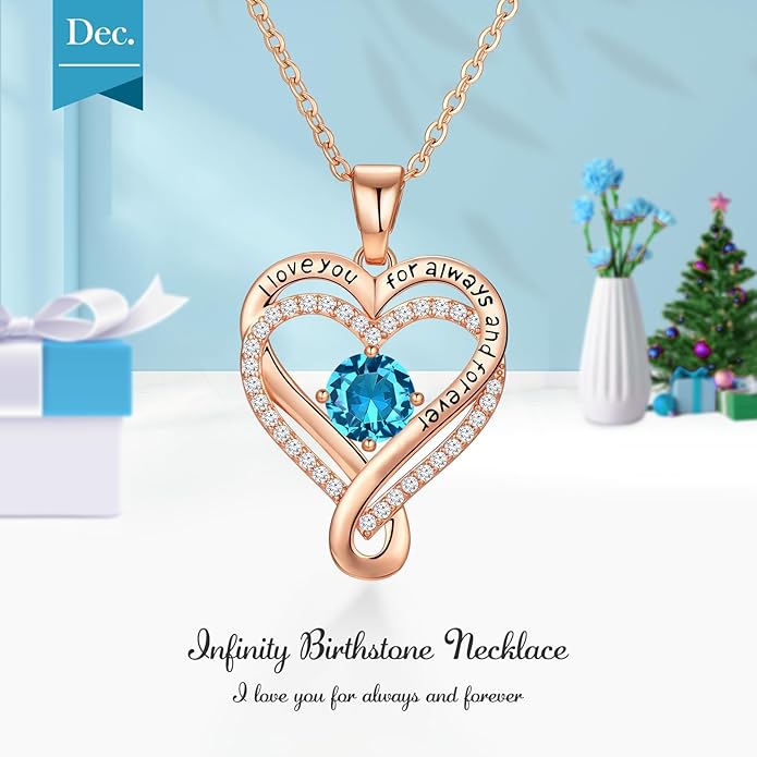 Infinity Love Heart Birthstone Necklace for Women Wife, S925 Sterling Silver Anniversary for Women Wife Birthday Gift for Her Girlfriend Mom Daughters, I Love You Women's Jewelry 18k Rose Gold Filled