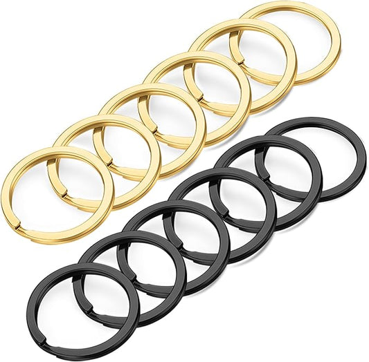 Gkeygo 12 pcs Stainless Steel Key Rings, 1 inch Flat Split Keychain Ring for Car Keys, Dog Tag, Home, Office, DIY, Black - Gold