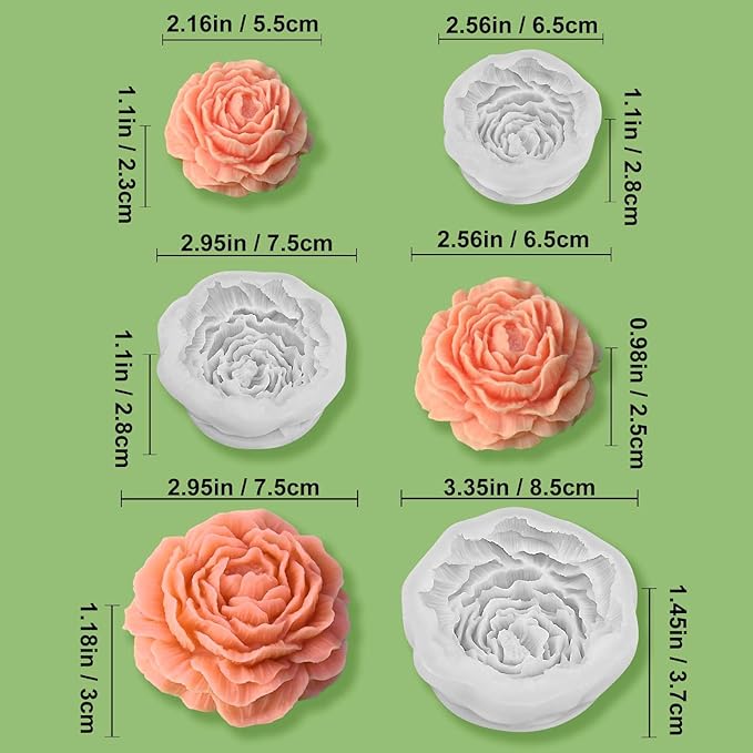 ZQYSING 3 Pcs Peony Candle Mold for Candle Making, Set of Large + Medium +Small 3D Peony Flower Silicone Molds for Epoxy Resin Casting Wax Soap Clay Plaster Home Décor Handmade Gift