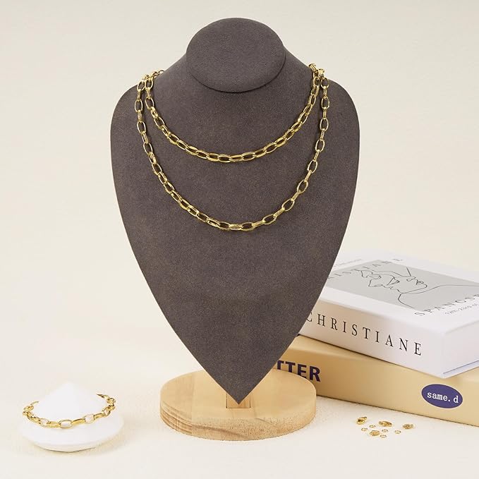 GTVOODX 13 Feet 18K Gold PVD Plated Paperclip Chain Roll, Stainless Steel Textured Oval Link Chain Bulk for DIY Jewelry Making with Lobster Clasps and Jump Rings