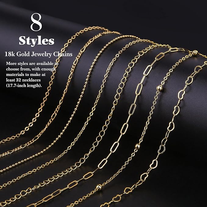 18k Gold Necklace Chains for Jewelry Making, 52.5 Feet 8 Rolls Bracelet Chains for DIY,6.5 Feet Each Style, Gold Plated Chain with Jump Rings/Lobster Clasps/Connectors
