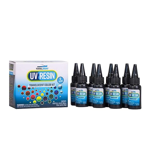 TotalBoat Translucent Colored UV Resin - Fast-Cure UV Resin Kit for Jewelry Making, Charms, Crafts, Casting, and DIY Art Projects - 8 Pre-Tinted Colors, 240g