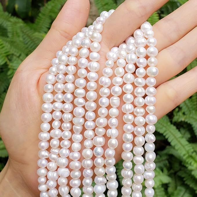 Adabele 14 Inch Real Natural Potato Round White Cultured Freshwater Pearl Loose Beads 5-6mm for Jewelry Making fp3-56