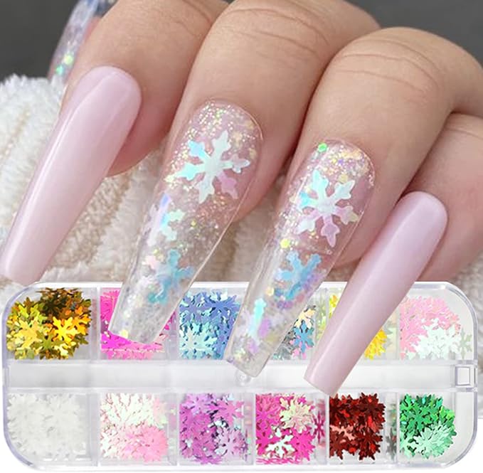 Snowflake Glitter Nail Art Sequins, 3D Christmas Snowflake Sparkly Flakes Design, 12 Colors Snowflake Nail Art Supplies for Women Girls Manicure Charms Decorations DIY Resin Holiday Xmas Nail Art Tips