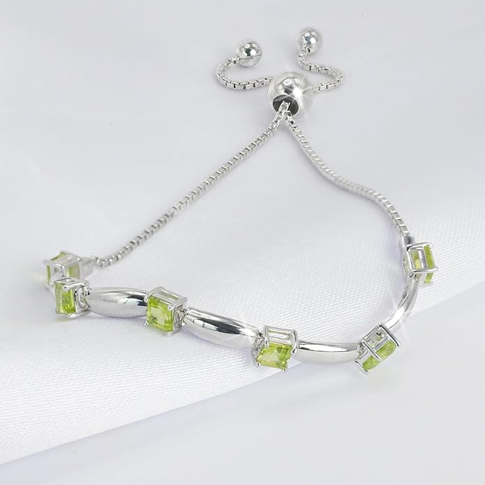 Fine Bracelet Tennis Style Pull String Birthstone Jewelry Gift for Women 925 Sterling Silver Square Sparkling Bolo Gemstone Jewelry Adjustable Bracelets