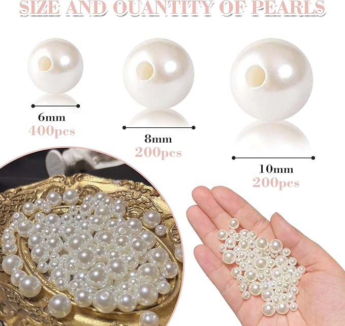 800 Pcs Pearl Beads with Hole, 6mm 8mm 10mm Round Pearls for Crafts, Jewelry Making Supplies, DIY Beads for Necklaces, Bracelets, Wedding Decoration, Stuffing (Ivory White)