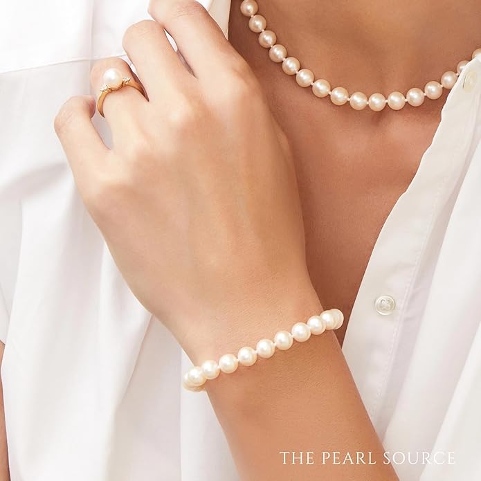 The Pearl Source 14K Gold 8-9mm AAA Quality Round White Freshwater Cultured Pearl Bracelet for Women