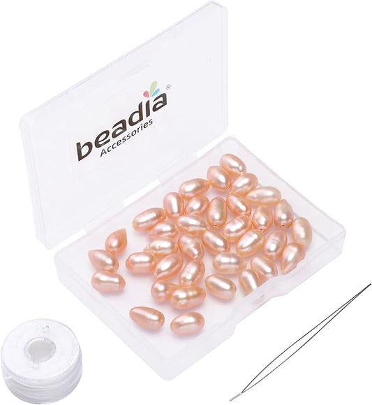 Natural Pearl Beads Rice 6-7mm Pink Freshwater Cultured Loose Gemstone Beads for DIY Jewelry Making 13.8''/Strand HQ