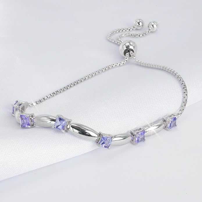 Fine Bracelet Tennis Style Pull String Birthstone Jewelry Gift for Women 925 Sterling Silver Square Sparkling Bolo Gemstone Jewelry Adjustable Bracelets