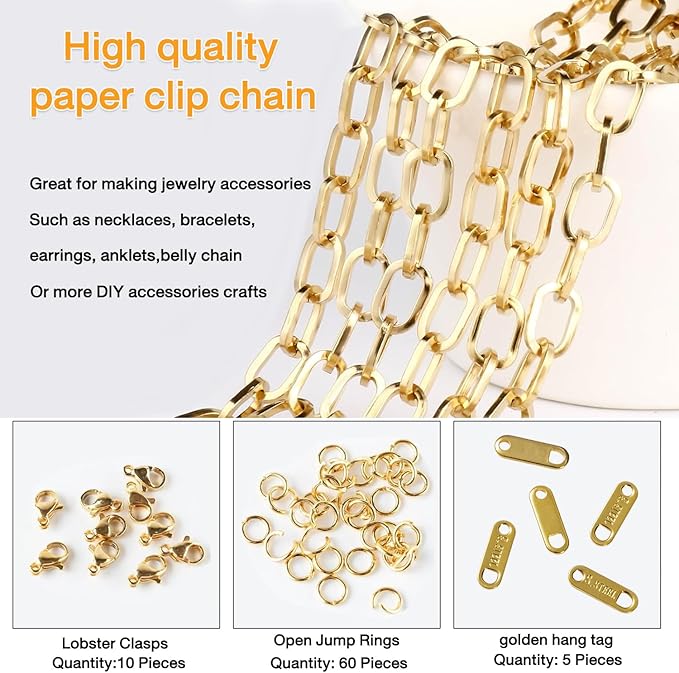 16.4Ft Paperclip Chains Rolls, Charm Necklace Chain 3.2mm Width，18K Gold Necklace Chain for Jewelry Making，Plated Charm Bracelet Making kit with 10 Lobster Clasps and 60 Jump Rings (Gold Combination)