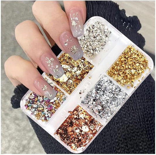 6 Grids Metallic Nail Art Foil Flakes,Gold Nail Glitter Flake Holographic Glitters Sequins 3D Sparkly Aluminum Foil Flake Gold Silver Nails Glitter Flakes Nail Art Supplies for Women