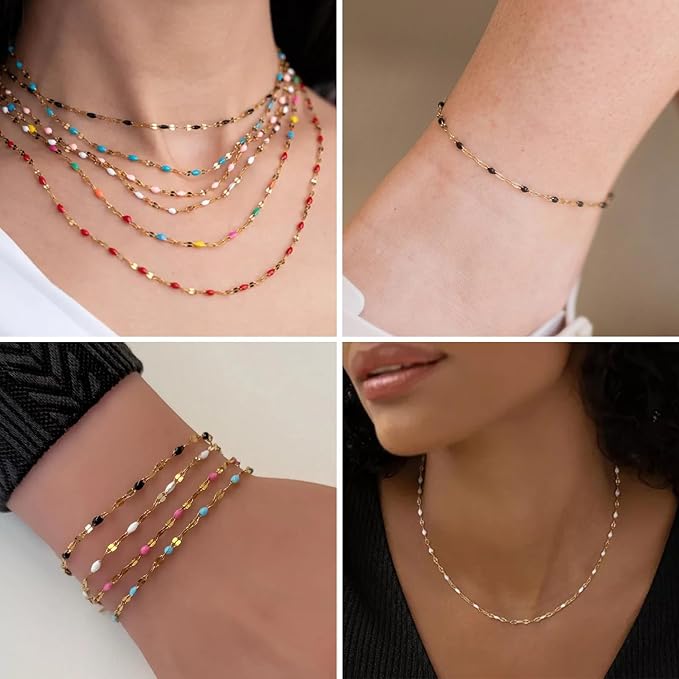 16.5FT Gold Pink Enamel Dapped Chain Roll, 2MM 18K Gold PVD Plated Stainless Steel Enalem Lip Link Chains Spool Bulk for DIY Jewelry Making