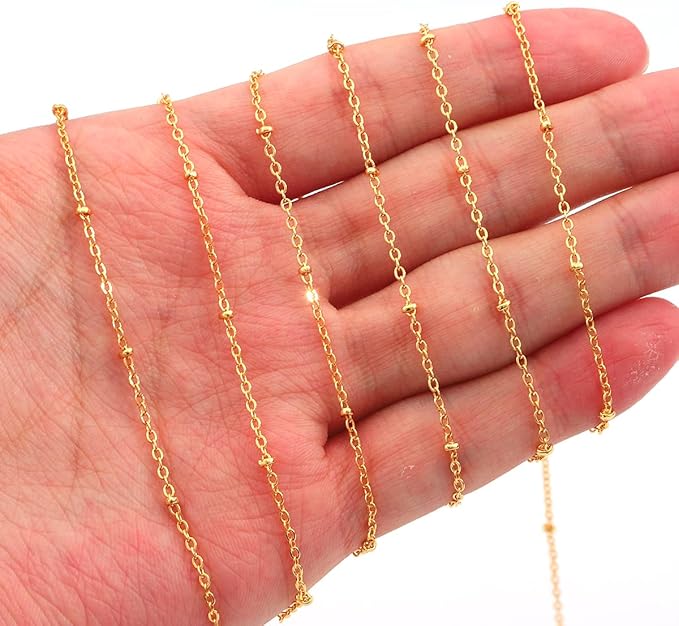 BEADIA 18K Gold Plated O Chains 1.6mm with 2mm Beads 2 Meters for Jewelry Making Findings