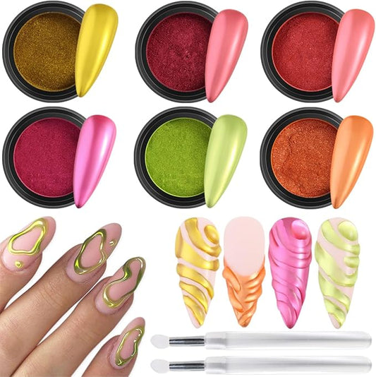 Fcozpjk Chrome Nail Powder Set - Red, Green, Gold, Mirror Effect Glitter Powder - 6 Colors, Metallic Chrome Powder With 2PCS Silicone Applicator Brushes - Christmas Nail Design