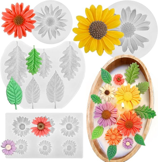 ZQYSING 4 Pack Daisy Silicone Molds with Leaf Mold, Set of Large + Medium + Small + Mini Daisy Flower Molds for Candles Wax Soap Epoxy Resin Plaster Fondant Chocolate Cake Cupcake Topper Decoration