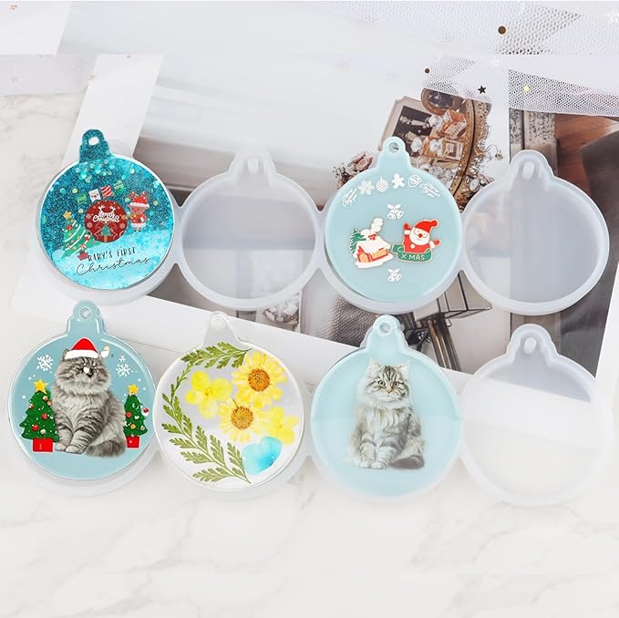 2pcs 4-Cavity Deep Round Christmas Ornament Resin Mold,Round Silicone Keychain Molds for Epoxy Resin,Christmas Tree Decorations Christmas Bauble Silicone Mold Halloween