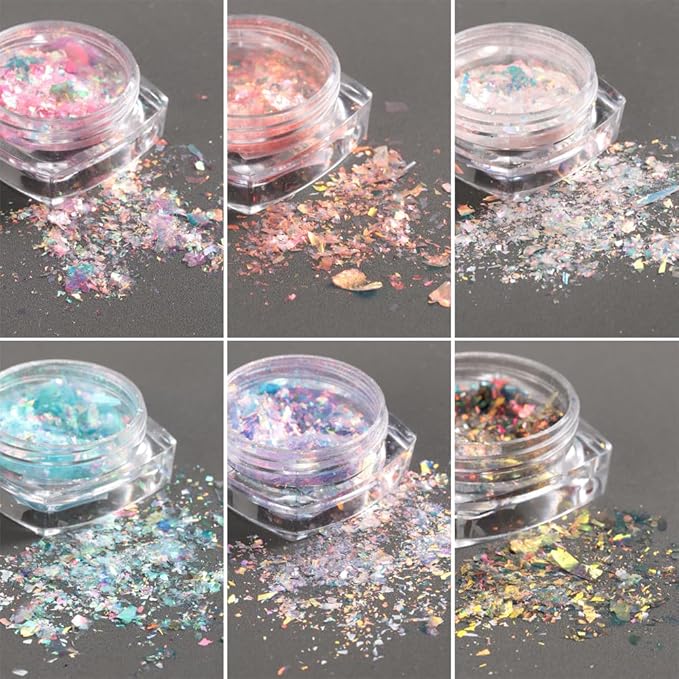 Holographic Iridescent Nail Art Glitter Flakes, 6 Colors Sparkly Ultra-Thin Aurora Foil Nail Art Flakes Designs, Opal Powder Nail Glitters Sequins Acrylic Supplies DIY Manicure Decorations