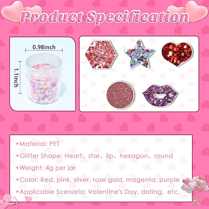 Laza 12 Colors Nail Art Glitter for Valentine’s Day Nail Stickers Chunky Red Glitter Powder Fairy Dust Pink Nail Charms Sparkle Confetti Sequins Foil Flakes for Nails, Makeup, Resin — Glittery Love