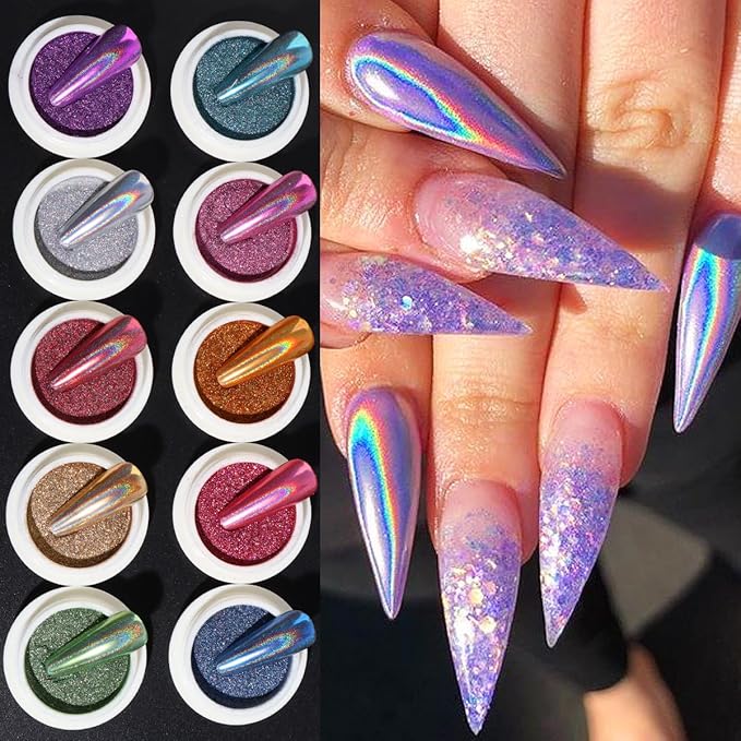 10 Colors Holographic Laser Nail Powder, Holo Aurora Iridescent Metallic Mirror Laser Effect Chrome Pigment Glitter Dust for Nail Art DIY Decorations, Sponge Tool/10PCS, Nail Swatch Sticks/24PCS
