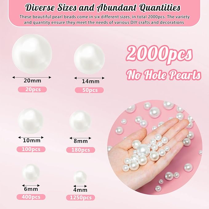 2000PCS Pearls for Crafting, White No Hole Beads for Centerpieces Vases, Assorted Sizes Bulk Fake Pearls Beads for Vase Filler, Candles Centerpiece, DIY Crafts, Jewelry Making (4/6/8/10/14/20mm)