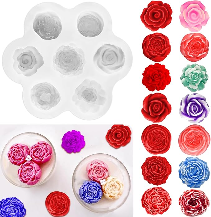 7 Cavity Flower Silicone Molds, Flower Candle Molds for Candle Making, Rose Peony Fondant Molds for Jelly Chocolate Mousse Cake Decorating Scented Candles Soaps Making, Wax, Resin Casting Crafts