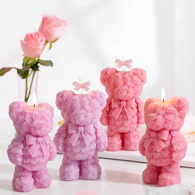 ZQYSING Standing Rose Bear Silicone Molds, 3D Cute Rose Bear Molds for Soap Candles Wax Epoxy Resin Casting Home Decor Valentine/Mother' Day/Wedding/Anniversary/Birthday Gifts