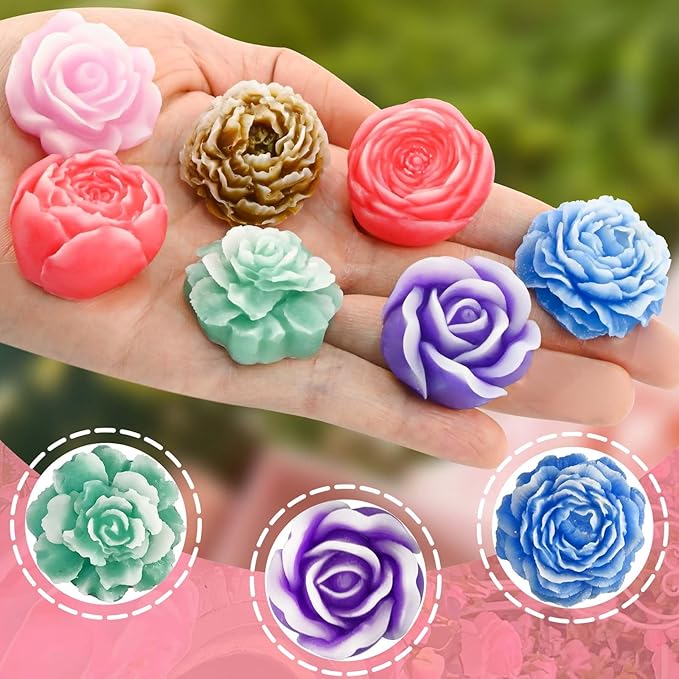 7 Cavity Flower Silicone Molds, Flower Candle Molds for Candle Making, Rose Peony Fondant Molds for Jelly Chocolate Mousse Cake Decorating Scented Candles Soaps Making, Wax, Resin Casting Crafts