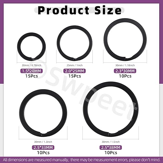 Swpeet 60 Pcs Black Assorted Multi-Purpose Metal Keychain Rings Split Keyrings Flat O Ring for Home Car Keys Attachments Keys Pendants - 20mm, 25mm, 30mm, 35 mm, 38 mm