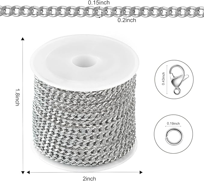 Kyutong Twist Curb Link Chain Bulk Silver Jewelry Making Chain Supplies 16.4 Feet Stainless Steel Chain Roll Making Craft DIY Bracelet Ankle with Lobster Clasps and Jump Rings