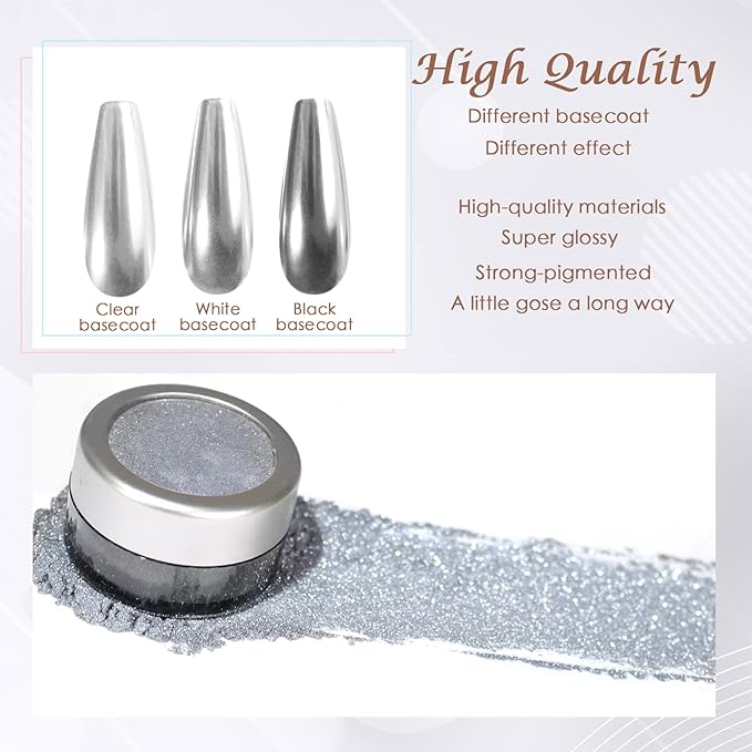 Laza Chrome Nail Powder Mirror Effect Metallic Dust Holographic Glitter Glazed Manicure Decoration Reflective Pigment for DIY Gel Polish Nail Art, Resin Craft, Gifts - Silver