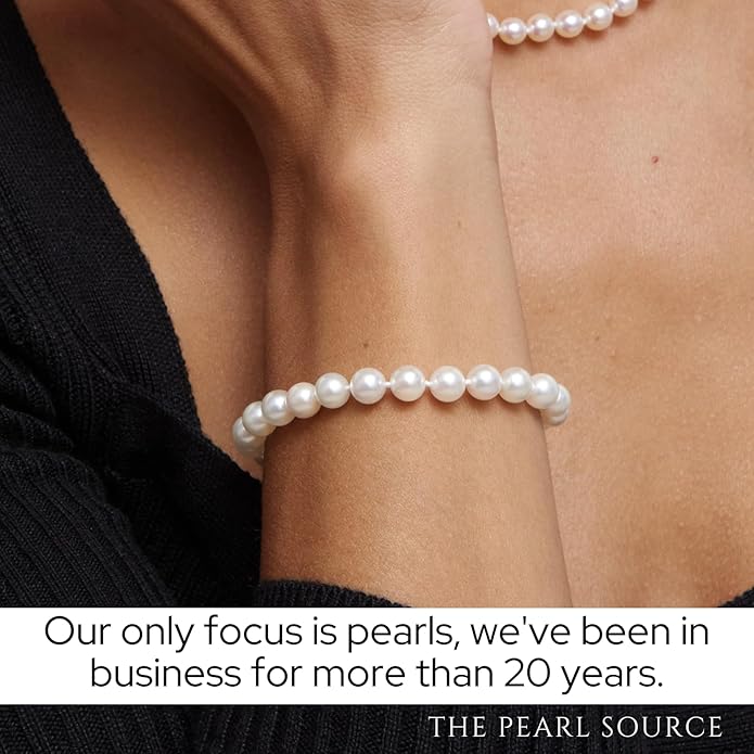 The Pearl Source 14K Gold 8-9mm AAA Quality Round White Freshwater Cultured Pearl Bracelet for Women