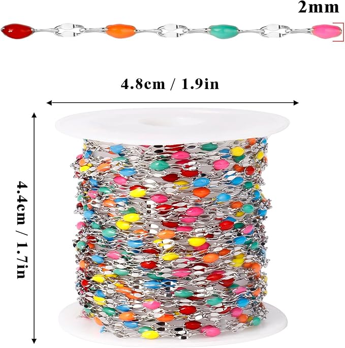 16.5FT Colorful Enamel Chain Roll, 2MM Rainbow Stainless Steel Enalem Lip Link Chains Spool Bulk for DIY Jewelry Making Necklace Bracelet