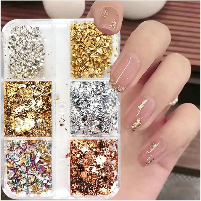 6 Grids Metallic Nail Art Foil Flakes,Gold Nail Glitter Flake Holographic Glitters Sequins 3D Sparkly Aluminum Foil Flake Gold Silver Nails Glitter Flakes Nail Art Supplies for Women