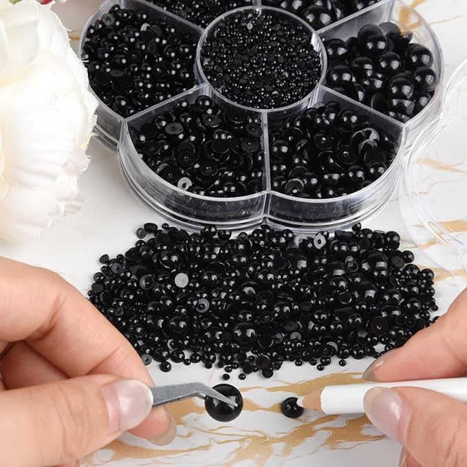 NACHLYNN 6480 Pcs Flat Back Pearl 7 Sizes Half Round Bead Black for Crafts Embellishment Shoes Clothes Bags DIY Making