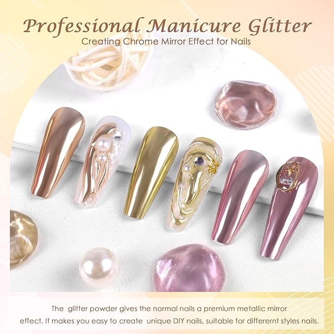 Laza 3 Colors Chrome Nail Powder Mirror Effect Metallic Dust Holographic Glitter Glazed Manicure Decoration Reflective Pigment for DIY Gel Polish Nail Art, Resin Craft, Gifts - Champagne Lotus