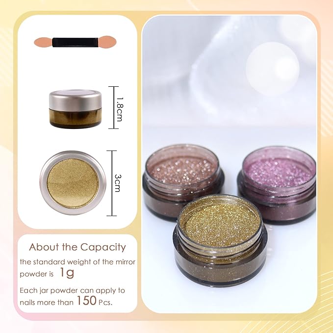 Laza 3 Colors Chrome Nail Powder Mirror Effect Metallic Dust Holographic Glitter Glazed Manicure Decoration Reflective Pigment for DIY Gel Polish Nail Art, Resin Craft, Gifts - Champagne Lotus