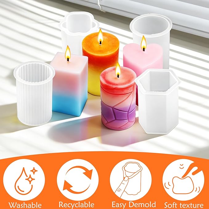 8PCS Reusable Silicone Candle Molds Set - Cylinder/Hexagon/Octagonal/Heart/Flower/Square Shapes for DIY Candle Making, Soap, Resin Crafts, Easy Release Candle Making Kit with Multiple Sizes
