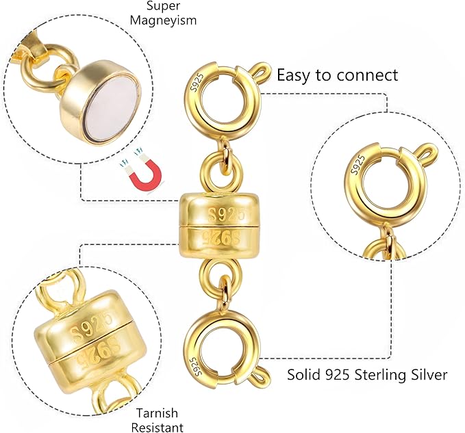 925 Sterling Silver Magnetic Necklace Clasps and Closures, 14K Gold Plated Spring Clasps Magnetic Connector Clasp for Bracelet Anklet Neckalce DIY Jewelry Making Supplies