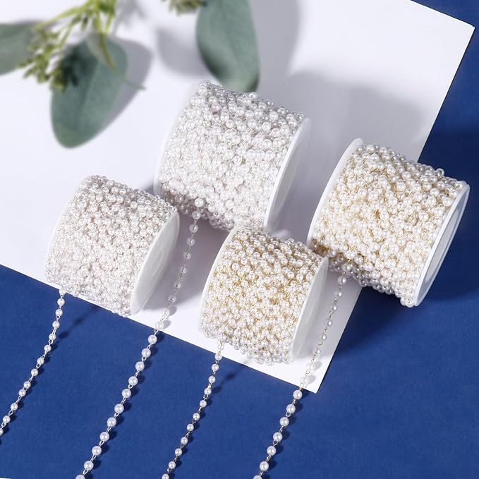 [33 FT] Silver Plated Pearl Beads Chain Bulk for Jewelry Making, 3mm Pearls Beaded Brass Oval Link Chains Roll Spool for DIY Craft Jewelry Making